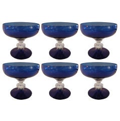 Six  French Art Deco Colbalt Blue Crystal Desert Bowls.