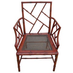 Antique Red Chinese Chippendale Style Bamboo & Chinoiserie Arm Chair