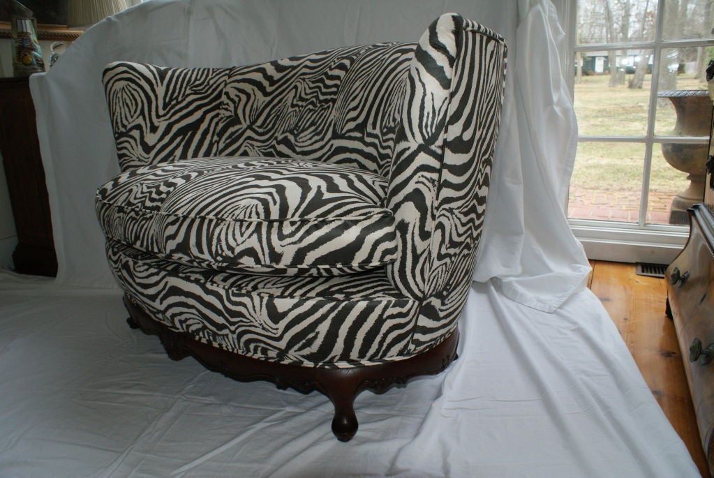 Very cozy pair of Zebra Print love seats/large chair. New upholstery in a luxurious a ultra suede zebra print,huge soft down and cotton filled cushions,mahogany wood frames.