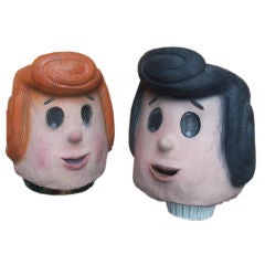 Vintage Whimsical Pair of Flintstones Carnival or Parade Masks