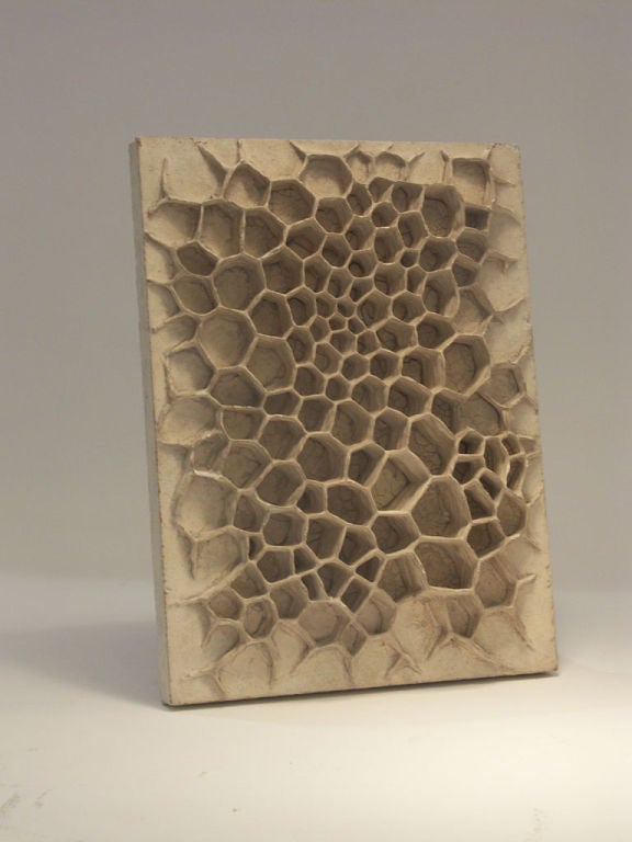 German artist Mary Bauermiester is best known for her illusionist optical glass sculptures and stone assemblages. This is a very early work, which displays her tradmark obsessiveness. A plaster or resin honeycomb formation is achieved by repeated