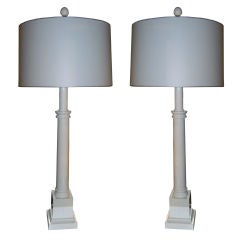 Pair of White Lacquer Wood Column Lamps by Hanson