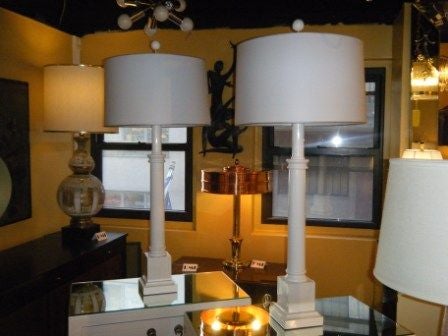 Pair of White Lacquer Wood Column Lamps by Hanson