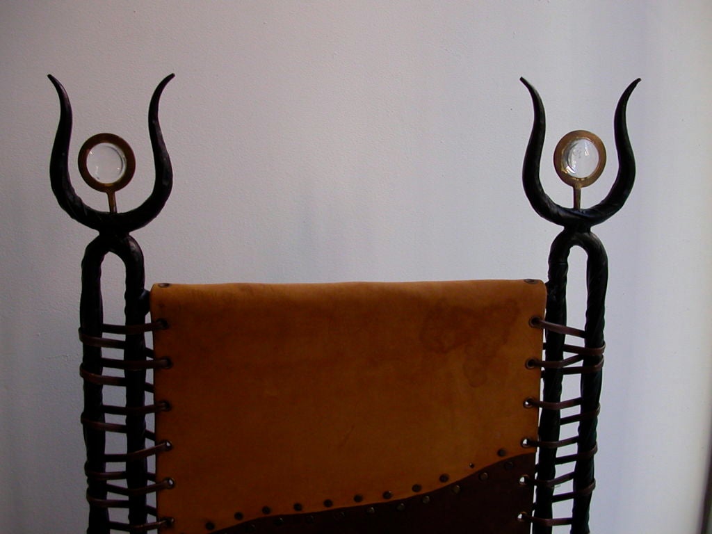 Hand made pair of chairs in wrought iron with hand stitched leather upholstery and crystals on top of chairs inspired by the work of  Garouste & Bonetti, France, c. 1990.