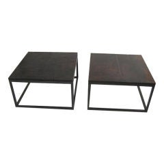 pair of walnut and iron coffee tables