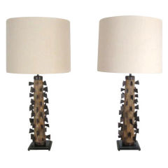 Pair of 18th Century Wood and Iron Spike Table Lamps