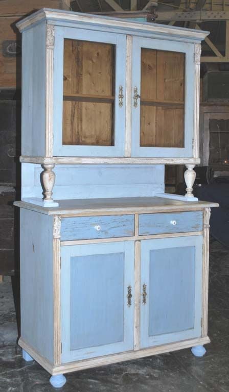 Painted buffet deux corp from Bohemia. Features turned columns, fluted pilasters and carved capitals. Working locks and key.