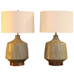 A pair of glazed stoneware ceramic table lamps by David Cressey