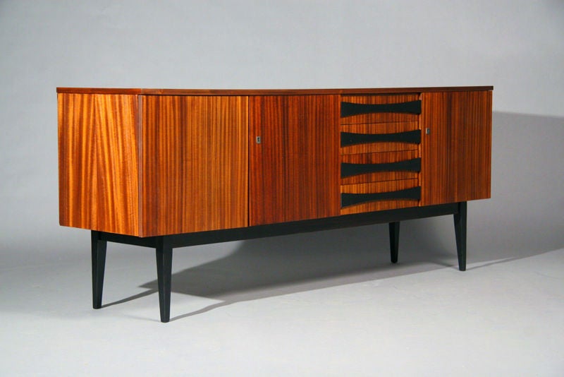 Brazilian exotic wood and ebonized three door cabinet In Excellent Condition In West Hollywood, CA