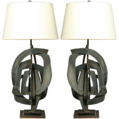 Pair of brutalist brazed steel lamps with beautiful patina