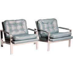 Pair of chrome  Milo Baughman lounge chairs in teal leather