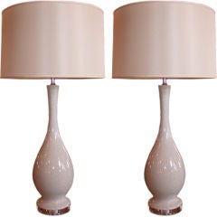 Retro Pair of White Crackle Glazed Lamps