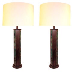Pair of Tall Wood and Tile Lamps