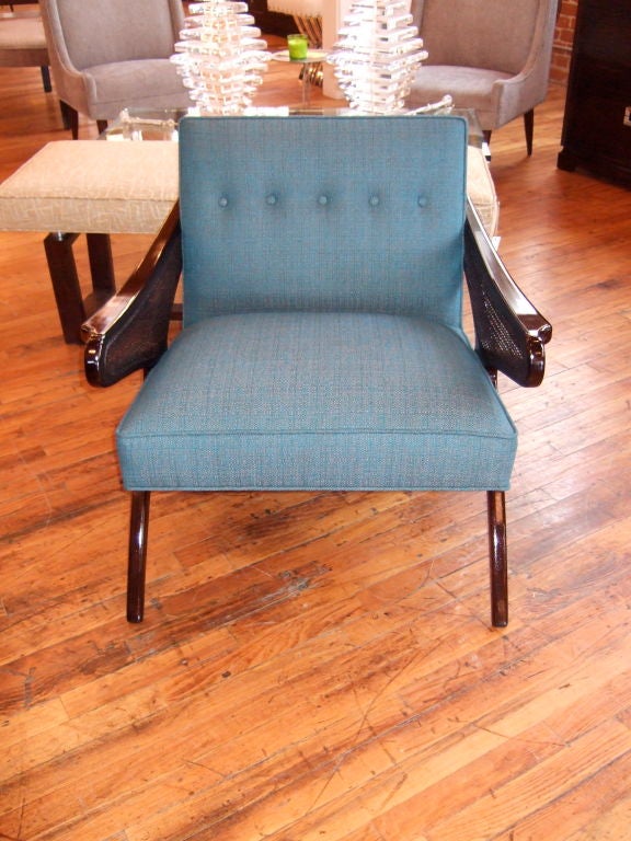 An unexpected mix of materials—beech wood French polished to an espresso color, handwoven caning and teal upholstered seat—add a great modern mix to the room.

Please visit Fairfield County's largest freestanding destination for Mid-Century Modern