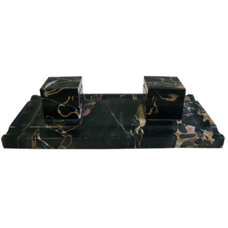 A Portoro Black and Gold Marble Inkwell Desk set