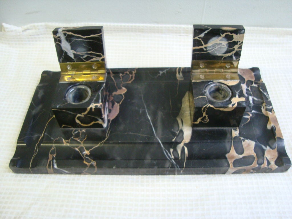 French A Portoro Black and Gold Marble Inkwell Desk set