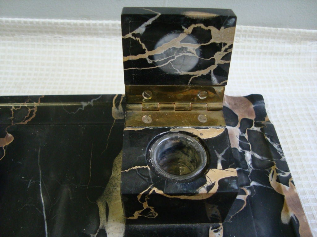 Brass A Portoro Black and Gold Marble Inkwell Desk set