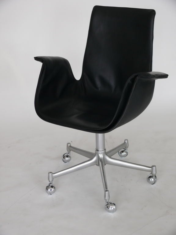Classic Preben Fabricius bird desk chair with 5 leg base. Sometimes also referred to as the tulip chair. Original black leather and chrome base. Chair roll great on new casters. 3 available and priced separately.