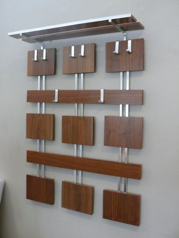 Large Teak and Chrome Wall Rack with Shelf