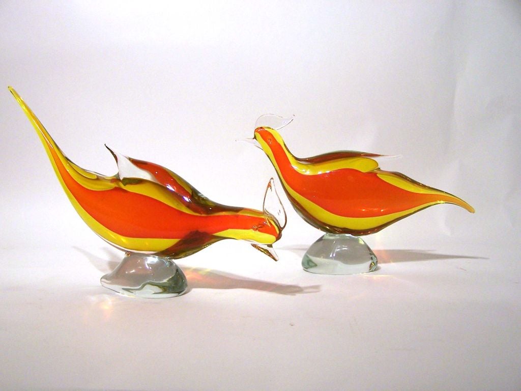 Pair of Colorful Archimede Seguso Birds, Murano, Italy