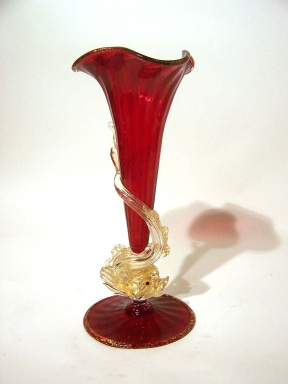 Sophisticated Venetian vase by Salviati with applied fish, deep red with dolphins in clear & gold, Murano, Italy. ***Notes: There is no sales tax on this item if it is being shipped out of the state of Florida (Objects In The Loft will need a copy