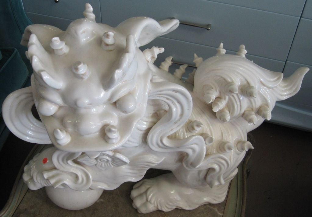Late 20th Century Fantastic Giant Blanc de Chine Glazed Pottery Foo Dog