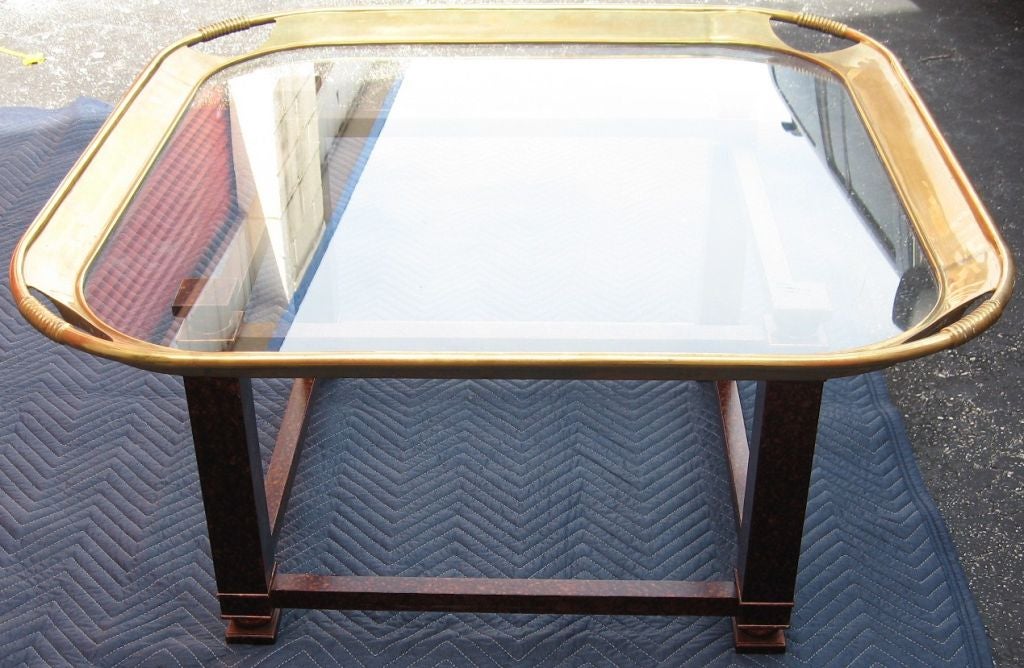 Superb early 70's Baker solid brass/glass tray coffee table with original slatted base done in a tortoise/oil spot finish. Superb original finish and condition, ready to use. 24 HOUR HOLD ONLY