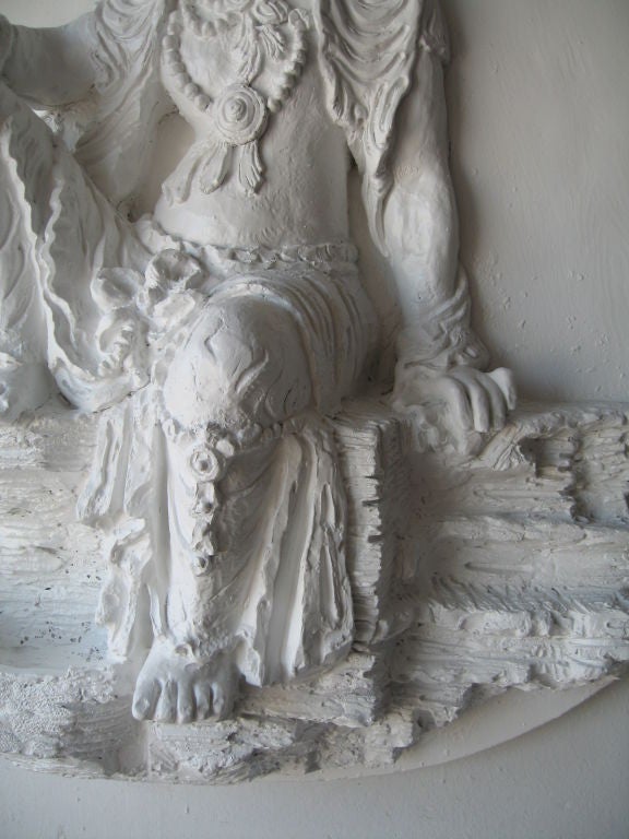 Fantastic large scale cast plaster wall relief of a seated Quan Yin, dating to the 1950's, and signed by the Harold Studios. Deep, very heavy, and well detailed, this item has a built-in steel hanging cable to easily hang it in any setting. 24 HOUR