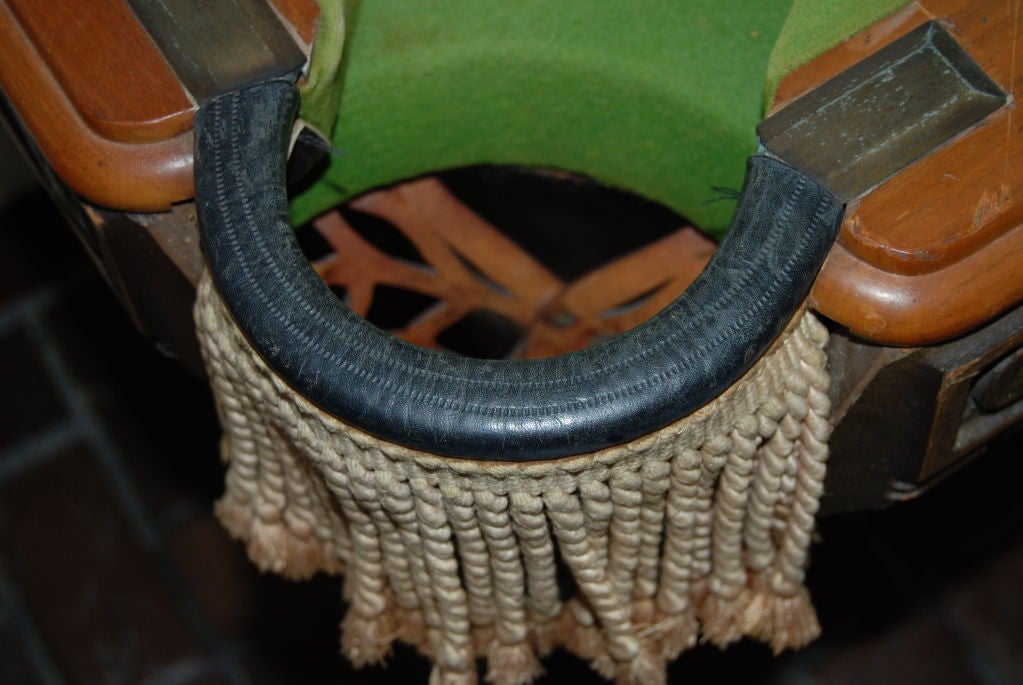 Incredible Brunswick pool table executed in walnut and hand inlaid diamond shaped mother- of- pearl insets to railing.Wonderful craftsmanship and detail to old world  carvings.Original leather pockets with fringe.Three part 1