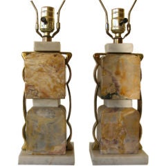 Pair of Stacked Marble & Brass Lamps