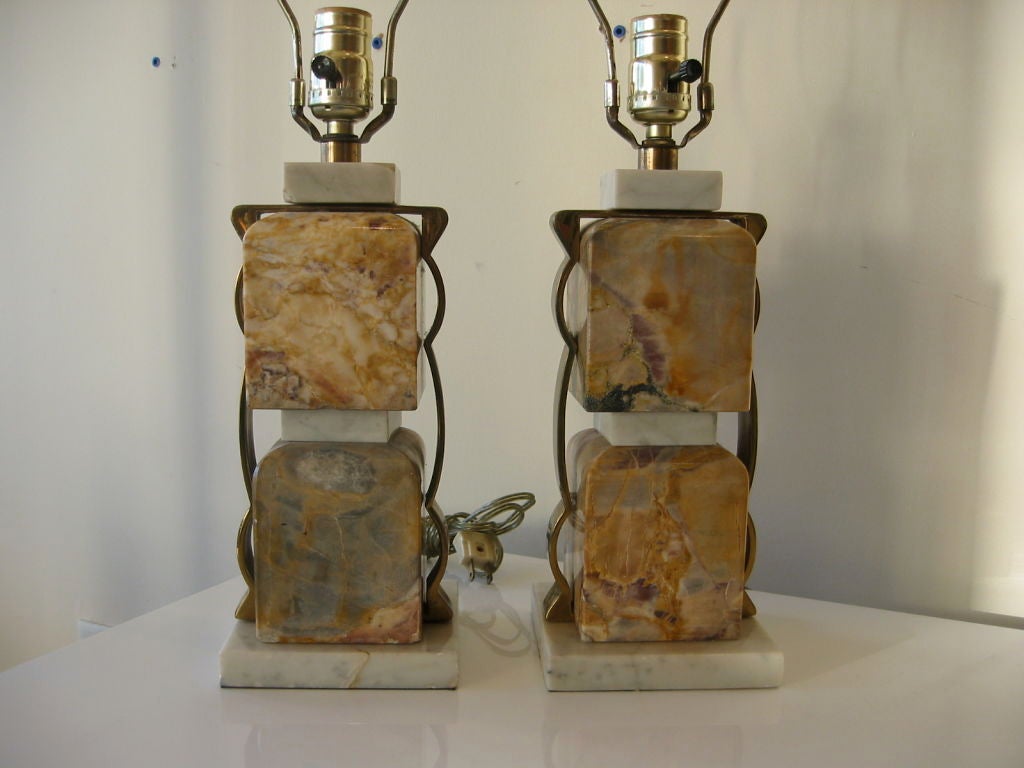 Pair of Stacked Marble & Brass Lamps