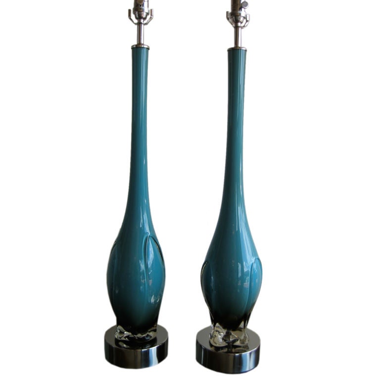 Luscious 
Monumental Pair of Murano Glass Lamps