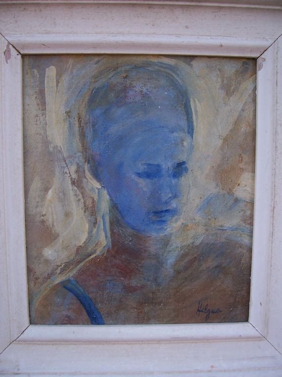 This distressed framed portrait of a blue lady is signed in the lower right corner.  Beautiful blues and beige create an elegant portrait. Greek American-20th Century.<br />
<br />
AOL (America Online) users may experience difficulties sending