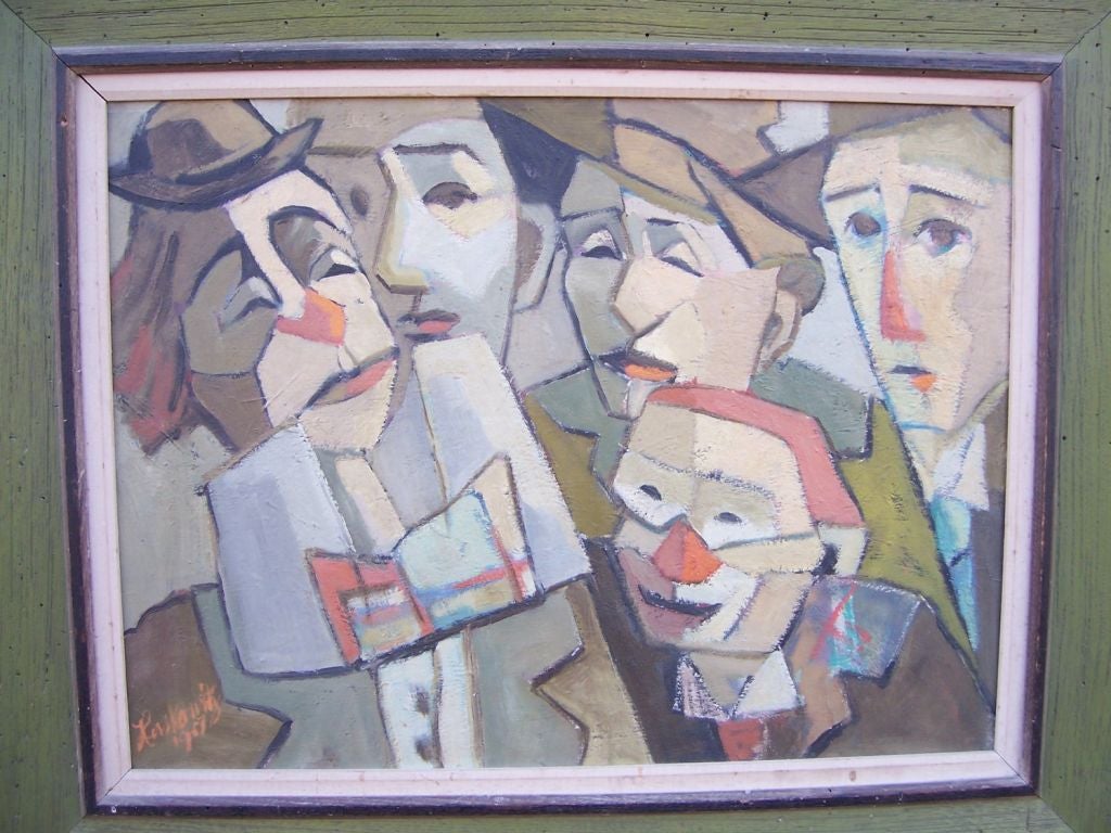 Ce groupe original encadré de clowns cubistes est signé en bas à gauche et daté de 1957.  Extrêmement expressif et amusant.