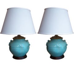 Pair of Turquoise Blue Dimpled Pottery Lamps