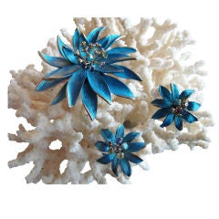 Turqouise Enameled Flower Brooch & Earrings w/  Rhinestones