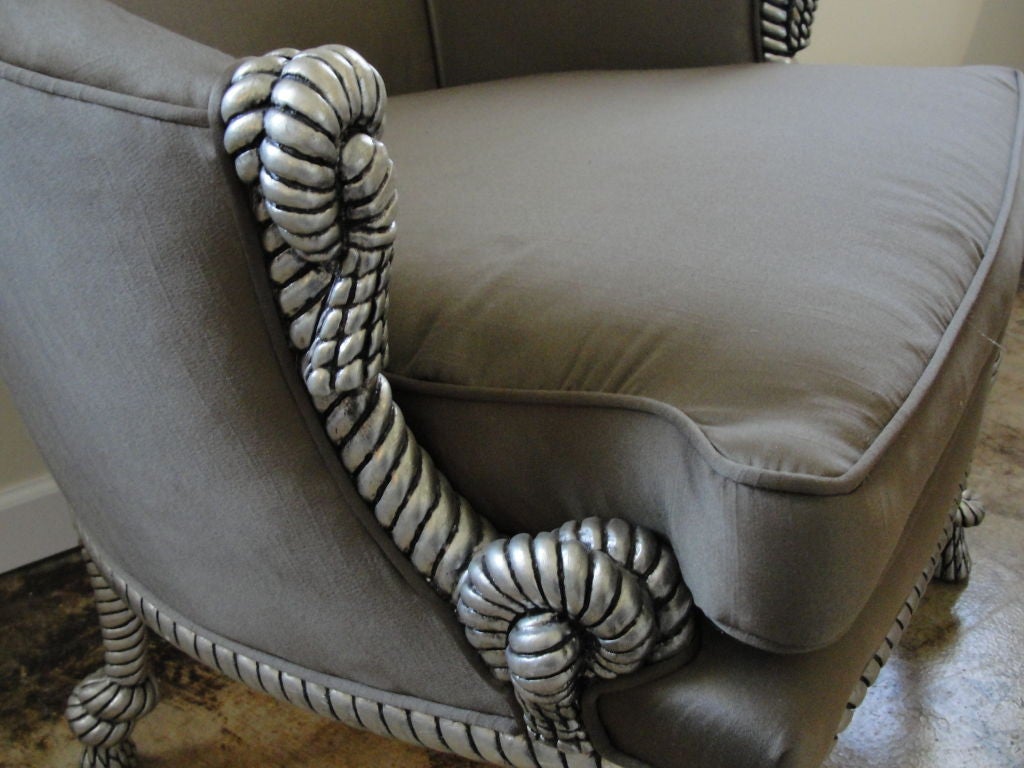 American Elegant Carved Wood and Silver Leafed Rope Armchair