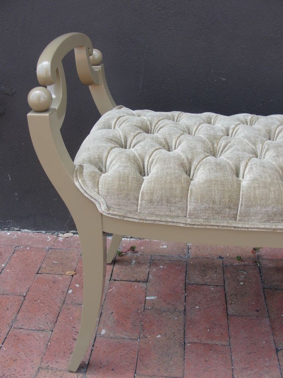 THIS ITEM HAS BEEN REDUCED FOR ONE WEEK ONLY (SALE ENDS 4/29/11), AS PART OF THE 1STDIBS SATURDAY SALE.  NO FURTHER DISCOUNTS, NO HOLDS.  PAYMENTS MUST BE SETTLED ASAP WITH VISA, MASTERCARD ONLY.<br />
<br />
This incredibly chic tufted bench with