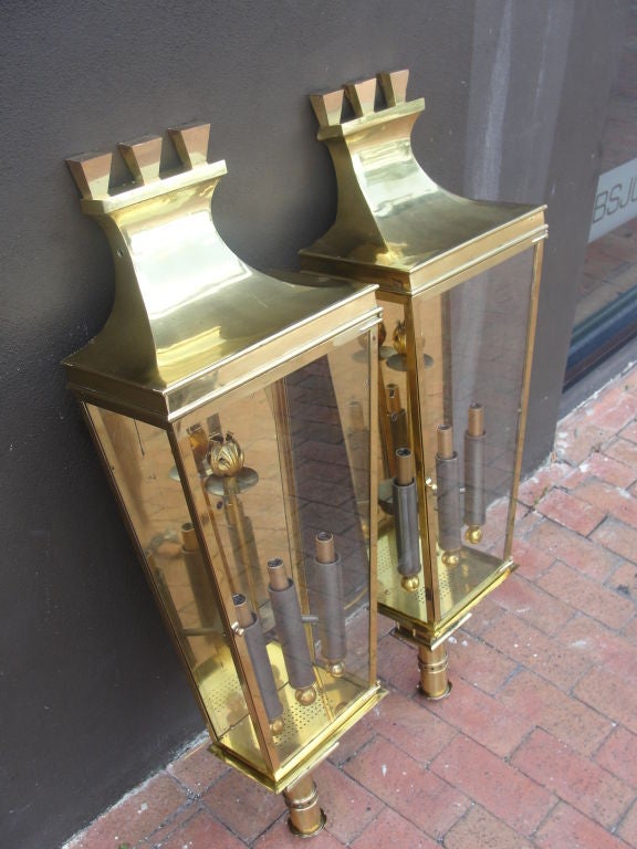 Mid-20th Century Pair of Large Italian Brass Lantern Sconces