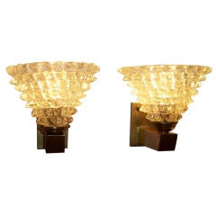 A Pair of Wall Sconces in Bronze and Glass by Barovier