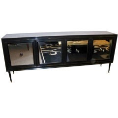A Low Four Doored Mid Century Console in Black Lacquer & Mirror