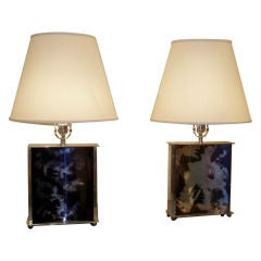 A Pair of Square Based Table Lamps in Nickle and Oxidized Metal