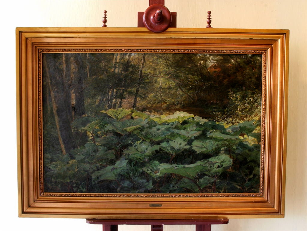 Large forest scene depicting forest undergrowth of docken leaves by  well-known Danish artist, Viggo Langer, 1860 - 1942. Signed and dated 1903.  Viggo Langer is represented in Copenhagen's Kunst Museum and others throughout Scandinavia and