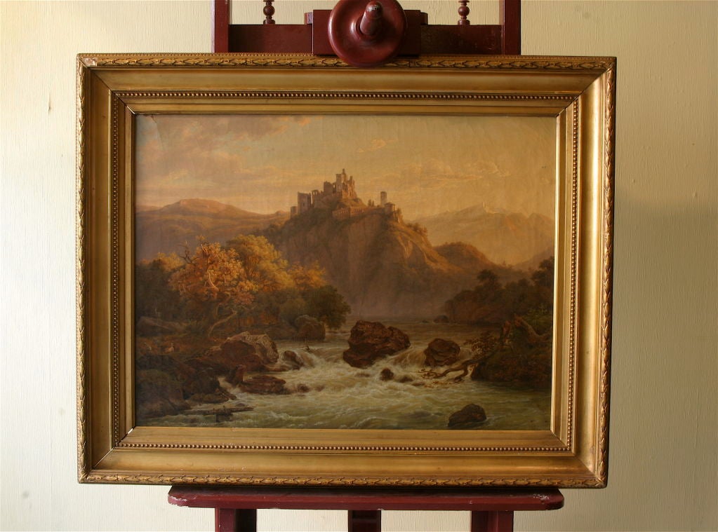 A romantic landscape depicting a castle in Switzerland and a rushing river in the early  19th century manner by one of Denmark's finest early landscape painters, F. C. Kiaerschou.