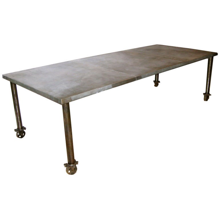Industrial Zinc Top Dining Table On Wheels At 1stdibs