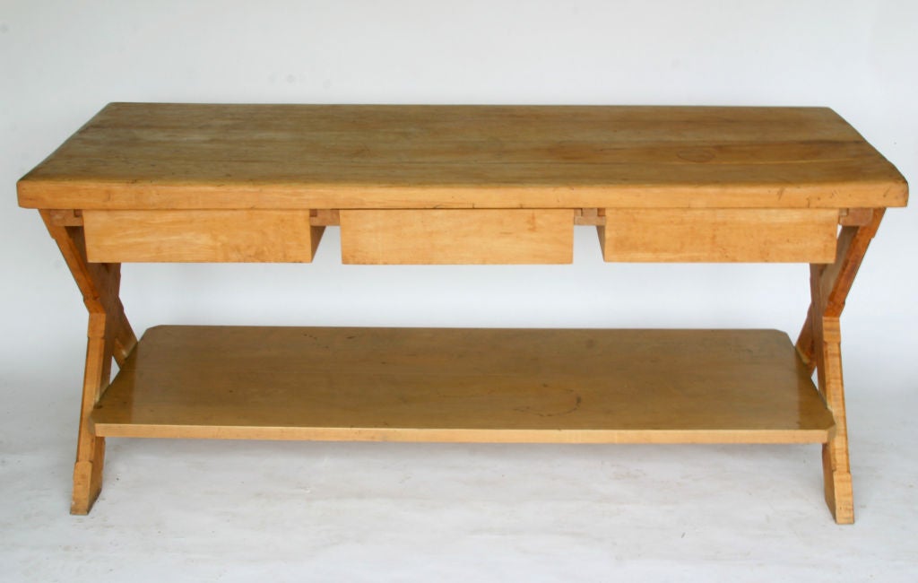 Well Used But Wonderfully Preserved Maple Butcher-Block  Work Table, Console or Island.  Three Drawers with Second Shelf. Great Surface and Practical Size for Kitchen<br />
or Dining Area