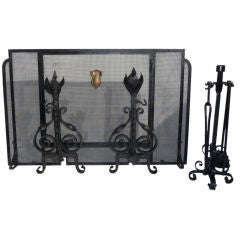 Vintage Massive Wrought Iron Andirons, Fire Screen and Tools