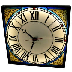 Antique Illuminated Stained Glass Wall Clock by O.B. McClintock
