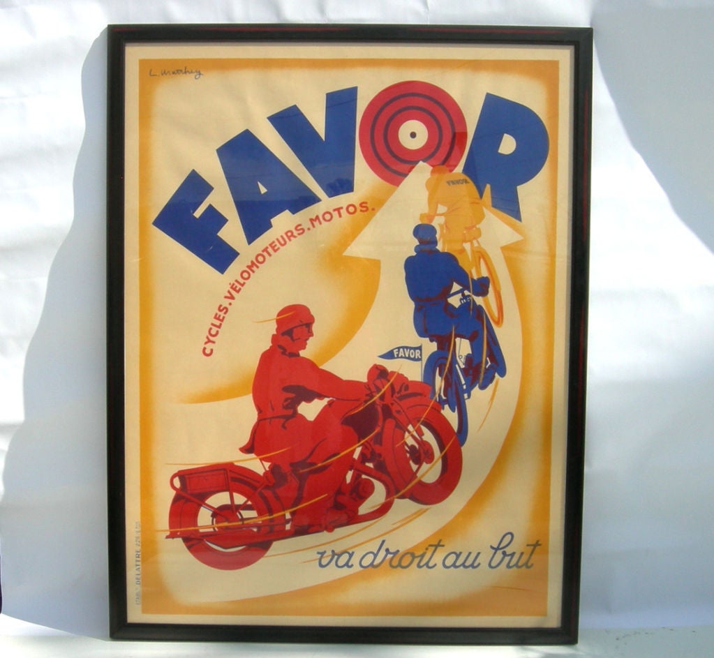 A very striking graphic with a sensational subject matter, this beautiful Favor Motorcycle poster is an original 1930s advertisement from Paris, France. Favor also made mechanical and motorized bicycles, also pictured in the image. The focus is