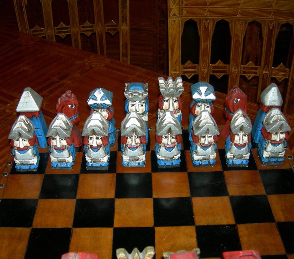 American Carved Wood and Leather Chess Set